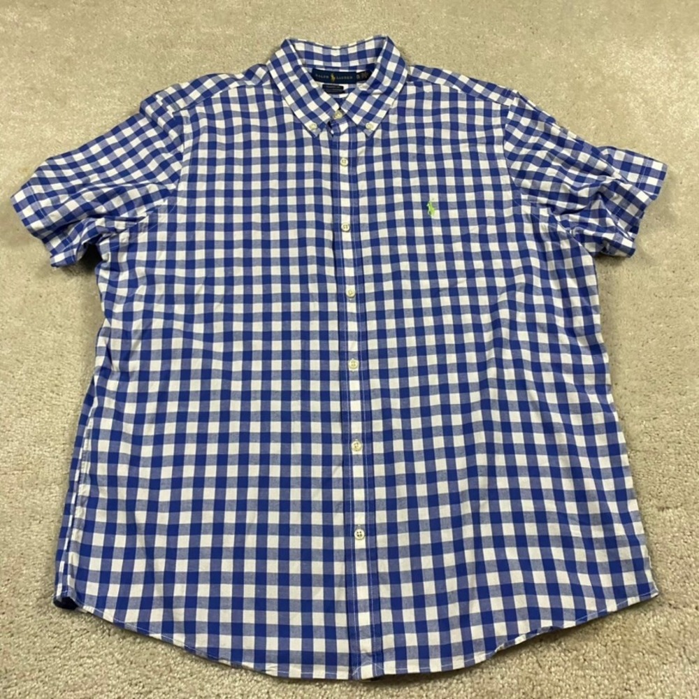 Polo Ralph Lauren Shirt Mens XL Blue Gingham Short Sleeve Untucked Button Down